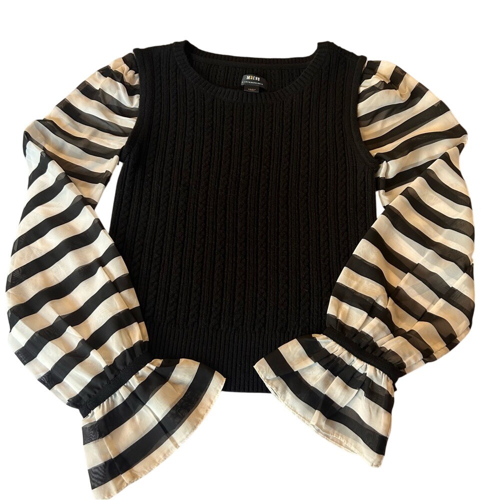 Maeve by Anthropologie Black Cable Knit Sweater with Sheer Sleeves Size Small - Picture 4 of 5